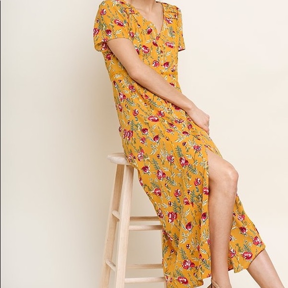 mustard floral midi dress